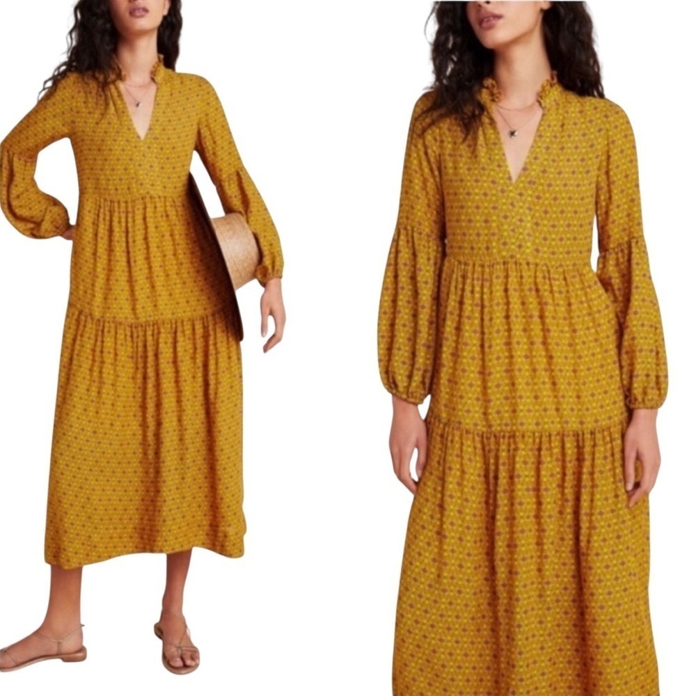 Maeve x Anthropologie - Aurelia Tiered Midi Floral Boho Long Sleeve Dress Sz S